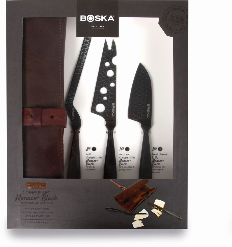 Cheese Knife Set Monaco+ Black with Leather Case, BOSKA Food Tools