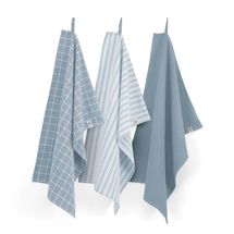 Walra Kitchen Towel Set Cubes Uni, Stripes &amp; Blocks Jeans Blue 50 x 70 cm - 3 Pieces