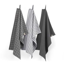 Walra Kitchen Towel Set Cubes Uni, Stripes &amp; Blocks Off Black 50 x 70 cm - 3 Pieces