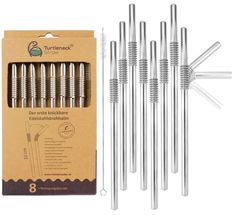 Turtleneck Reusable Stainless Steel Straws - with brush - bendable - Set of 8