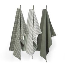 Walra Kitchen Towel Set Cubes Uni, Stripes &amp; Blocks Army Green 50 x 70 cm - 3 Pieces